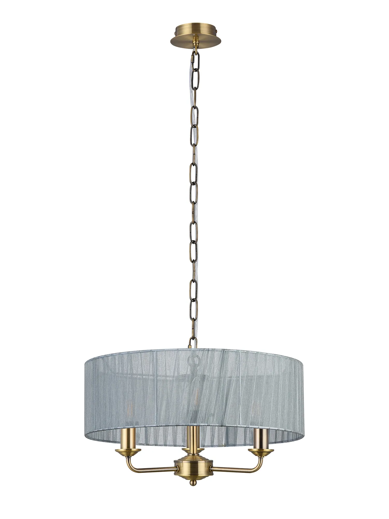 Banyan 3 Light Multi Arm Pendant With 45cm x 15cm Organza Shade Antique Brass/Grey DK0871  Deco Banyan AB GR